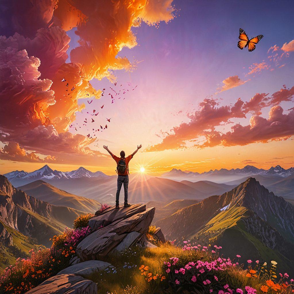 A serene scene depicting a person standing on a mountaintop with arms outstretched towards a bright sunrise, symbolizing optimism and joy. Surround the figure with vibrant butterflies and blooming flowers to represent the beauty of life. In the background, a panoramic view of lush valleys and distant peaks should evoke a sense of bliss and connection with nature. Use a warm color palette to enhance feelings of happiness. super-realistic. vibrant colors.