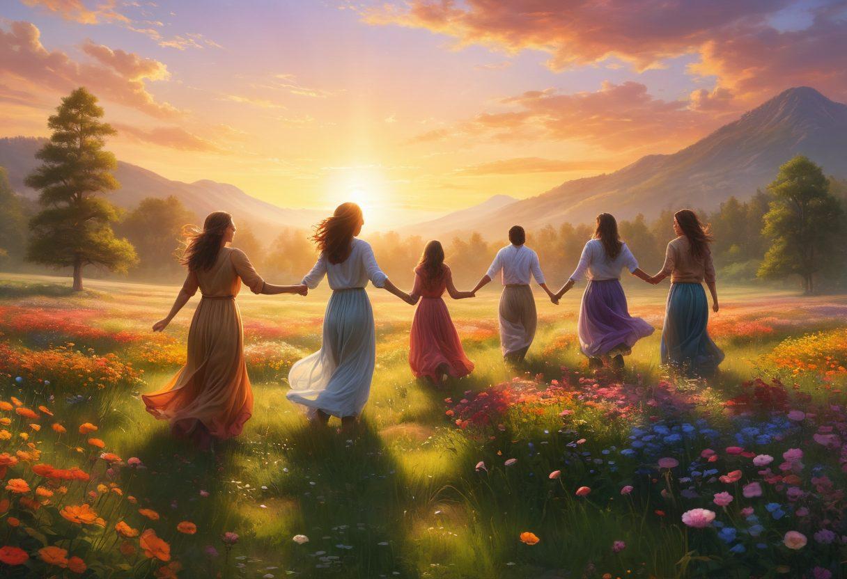 A serene scene depicting a sunrise over a lush meadow filled with colorful flowers, while gentle, glowing orbs representing happy thoughts float in the air. A diverse group of people, smiling and laughing, engage in joyful activities such as dancing and painting, illustrating unity and positivity. The overall atmosphere is vibrant and uplifting, creating a sense of bliss and tranquility. super-realistic. vibrant colors. soft focus.